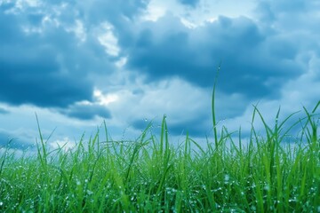 Obraz premium Vibrant grass glistens under cloudy skies after refreshing rainfall in a serene landscape, Vibrant Skies and Grass After Rainfall, seamless ing background