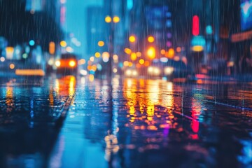 Fototapeta premium Rainy city street reflects glowing lights and vibrant colors at night, Rainy city street with reflections and glowing lights at night Urban ambiance concept
