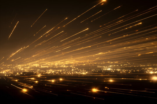A dynamic long exposure of shimmering lights trails streaks across a dark, urban night sky, capturing the essence of a cityscape at night.