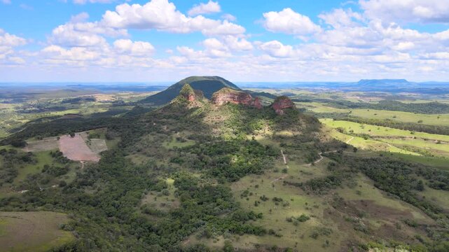 Aerial video of Pedra do Indio mountain in Botucatu, Brazil