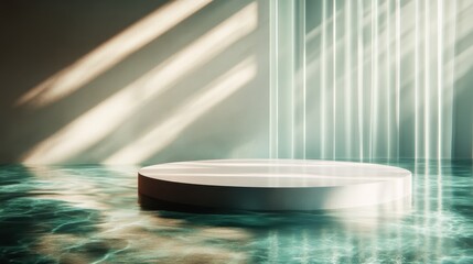 A minimalist circular platform sits atop shimmering water, illuminated by beams of light, creating a serene atmosphere that evokes a sense of calm and tranquility.