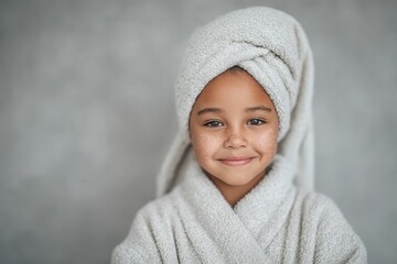 Obraz premium Smiling young girl with towel on her head wearing fluffy robe in cozy indoor space exhibiting joyful innocence and radiant confidence with a touch of playful charm