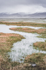 Grass and stone shore of Lake Karakul with blue water and mountain peaks in the background, cloudy weather and sky with clouds and clouds in the Pamirs, panoramic landscape