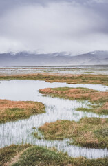 Grass and stone shore of Lake Karakul with blue water and mountain peaks in the background, cloudy weather and sky with clouds and clouds in the Pamirs, panoramic landscape