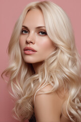 A portrait of a beautiful woman with stunning blonde hair and radiant skin, her captivating gaze drawn, exuding elegance. Capturing a sense of style and graceful beauty.