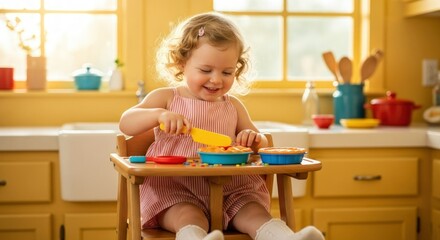 A little girl is playing with toy food at a table in a yellow kitchen with natural light streaming in
