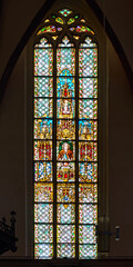 Leipzig, Germany. The stained glass window with portrait of Johann Sebastian Bach in Thomaskirche...