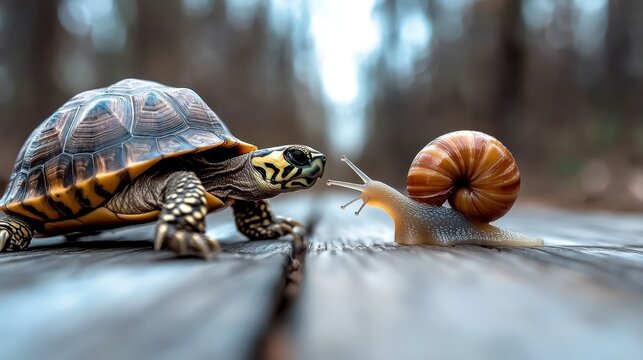 A turtle and a snail share a moment on a wooden surface, symbolizing patience and the diversity of nature's creatures in a peaceful, woodland environment.