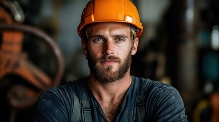 This image showcases a focused and determined worker in a hard hat, emphasizing safety, strength, and professionalism in a construction or manual labor environment.