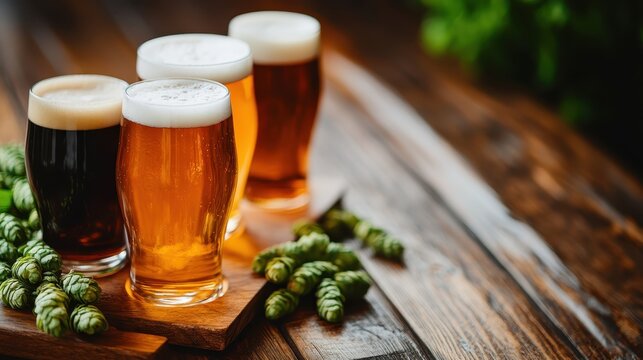 A captivating display of four unique craft beers showcasing their distinct colors, frothy heads, and surrounded by fresh hops, ideal for beer enthusiasts and connoisseurs.
