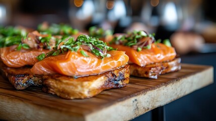 A delectable plate showcasing beautifully arranged salmon topped with fresh herbs, set on a rustic wooden table, enticing food enthusiasts with its vibrant colors and textures.