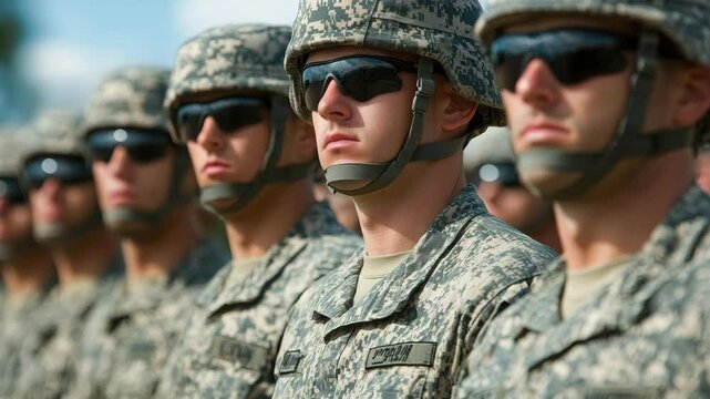 Soldiers in Uniform Standing in Formation Outdoors on a Sunny Day