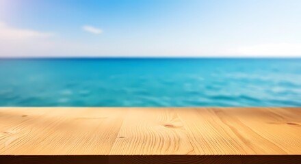 Fototapeta premium Summer Escape: Wooden Tabletop with Ocean View for Product Mockups and Vacation Concepts