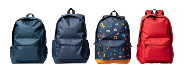 A row of four backpacks with different designs on them.