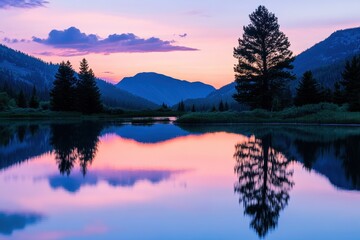 Fototapeta premium Twilight colors mirror on still lake amid mountains and trees, Serene twilight sky reflecting on calm lake with silhouettes of mountains and trees
