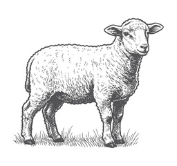 standing sheep in sketch style. Wool, lamb symbol. Farm animal vintage vector illustration