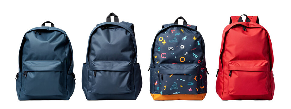 A row of four backpacks with different designs on them.