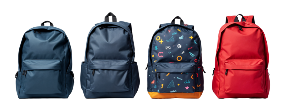 A row of four backpacks with different designs on them.
