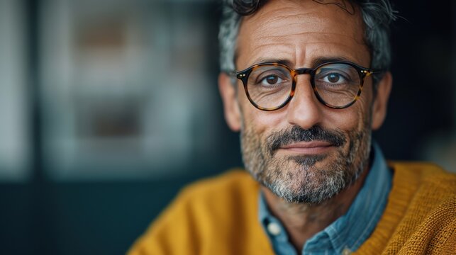 A sophisticated man with stylish glasses and a warm smile embodies intelligence and approachability, reflecting a perfect blend of modern fashion and a welcoming demeanor.