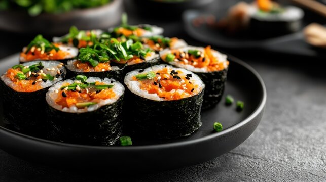 Artfully arranged sushi rolls on a dark plate highlight their vibrant colors and textures, showcasing culinary excellence and inviting the viewer to indulge in gourmet flavors.