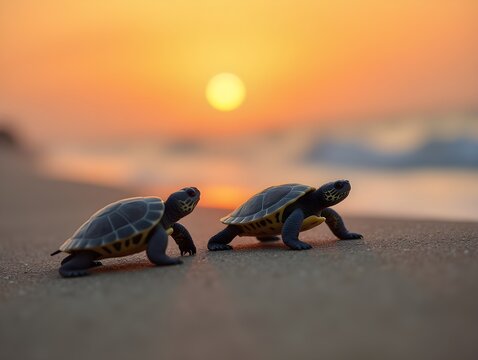 Two baby turtles making their way across sandy terrain during sunset, with a warm glow in the background