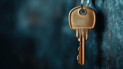 This close-up image features a shiny key hanging on a textured surface, showcasing a striking contrast with the beautiful blue backdrop, highlighting simplicity and functionality.