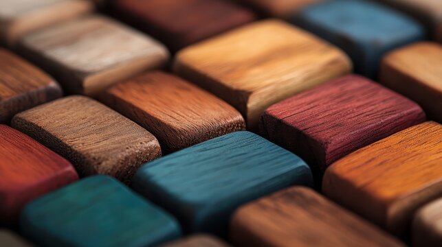 An artistic close-up of vibrant wooden blocks arranged to form a mosaic pattern, showcasing rich textures and colors, inviting viewers into a world of creativity and design.