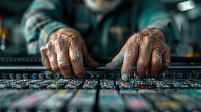 An elderly artisan skillfully operates a vintage printing press, showcasing the artistry and dedication in traditional craftsmanship, reflecting a blend of history and talent.