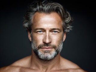 Obraz premium Mature man displaying confident demeanor with striking blue eyes and distinctive gray beard under dramatic lighting showcasing masculine elegance and timeless appeal