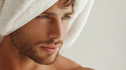 Handsome spanish man 25 years old with a towel on his head after a hot towel treatment