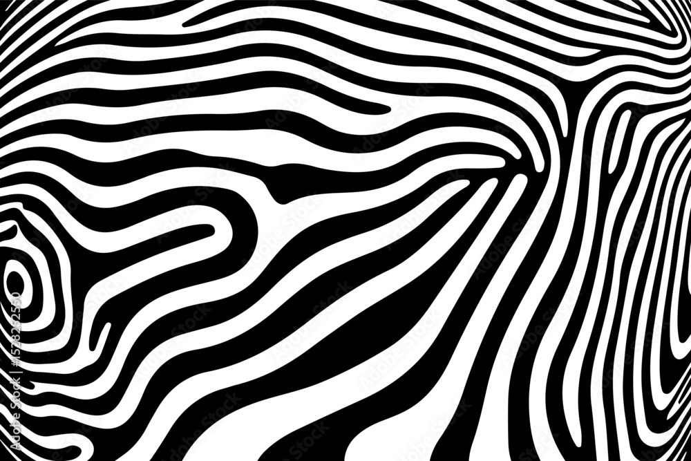 Poster Vector illustration in popular modern Op Art style, featuring dynamic wavy lines and abstract flowing shapes, creating an illusion of depth and movement with high contrast and bold graphic elements.