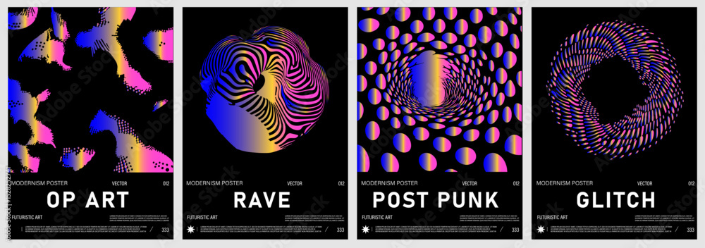 Poster set of vector posters in popular y2k and op art style: holographic vibrant gradients on black backgr