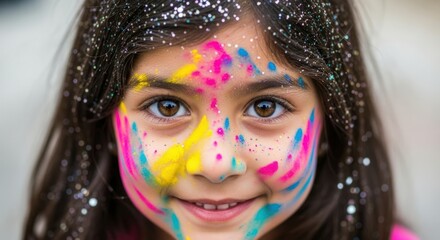 A young girl with paint on her face and glitter in her hair smiling at the camera in a close up shot