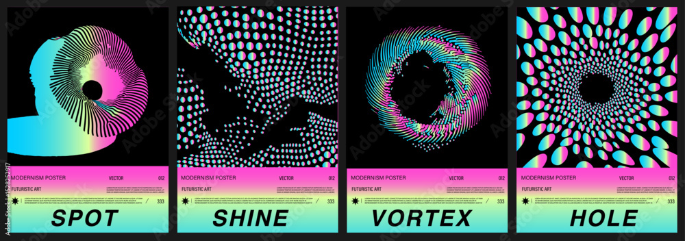 Aufkleber set of vector posters in popular y2k and op art style: holographic vibrant gradients on black backgr