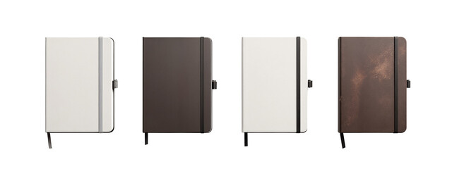A set of three notebooks with a white cover and a brown cover.