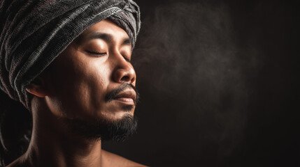 Handsome Indonesia man 35 years old with a towel on his head after a hot towel treatment
