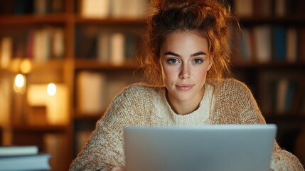 This image depicts a focused woman working on her laptop in a cozy library setting, highlighting dedication, learning, and the importance of environment in productivity.