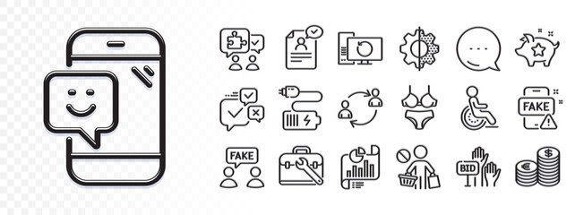 User communication, Fake news and Currency line icons for web app. Glare of light effect. Message icon. Pack of Battery, Smile, Bid offer pictogram icons. Vector