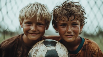 Two joyful boys, covered in dirt, smile widely while holding a soccer ball outdoors, capturing the essence of childhood play, friendship, and the love of sports.