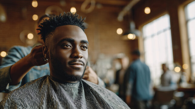 handsome Black man 27 years old getting a sharp fade haircut at a modern barber shop