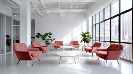 This airy office space features stylish pink lounge chairs arranged around a central coffee table, complemented by lush green plants and large windows inviting natural light.