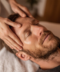 italia handsome man 25 years old receiving a scalp massage treatment with essential oils