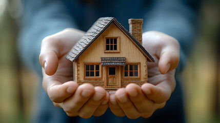 Hands Gently Holding a Miniature Wooden House, Representing Homeownership, Real Estate, and New