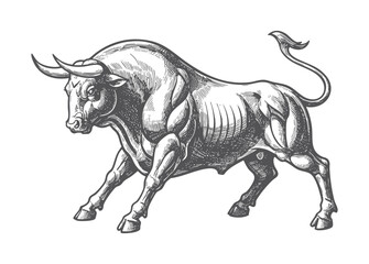 Fototapeta premium muscular bull in mid-charge, capturing strength, aggression, and motion in a bold style sketch engraving illustration. Scratch board