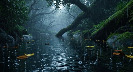 A rainy day in a lush forest with a stream and fallen leaves creating ripples on the water surface