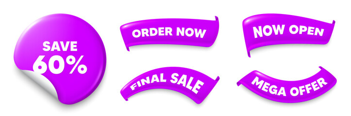Discount purple sticker, Sale offer ribbons. Final sale, Order now. Save 60 percent off tag. Sale Discount offer price sign. Special offer symbol. Sticker badge. Flag ribbon banners. Vector
