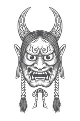 samurai helmet engraving black and white outline. Samurai head with antique engraving ornament style