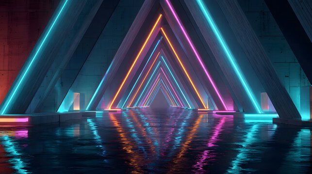 Abstract flying in futuristic corridor with triangles background, fluorescent ultraviolet light, colorful laser neon lines, geometric endless tunnel, blue pink spectrum, 3d illustration