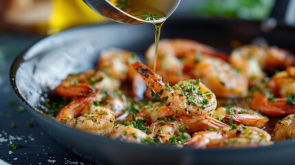 A vibrant shot of expertly cooked shrimp garnished with fresh herbs and drizzled with oil, presenting a feast of colors and flavors in a stylish culinary setting.