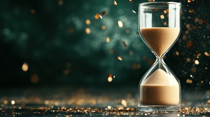 A beautifully crafted hourglass sits elegantly on a dark surface, with golden sand cascading down, symbolizing the passage of time and fleeting moments.